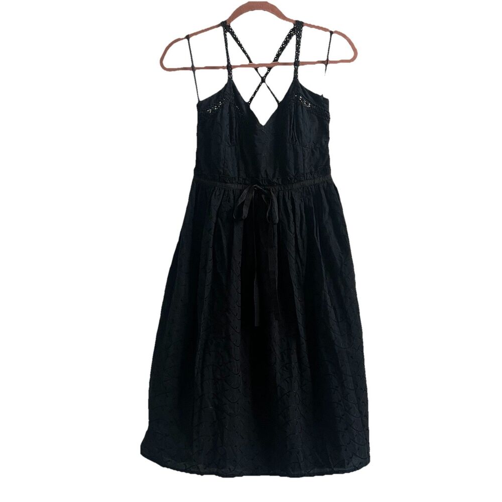 Y2K Ivy Embroidered Black Cotton Dress Racerback Crochet Straps Babydoll Sz S